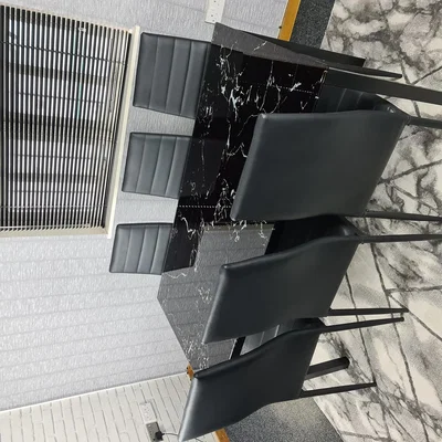 The Range Black Marble Effect Dining Table and 6 Black Metal Chairs - Black