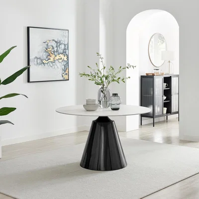 The Range Nina White Marble Ceramic Top Round Dining Table  4 Black Calla Chairs - Black