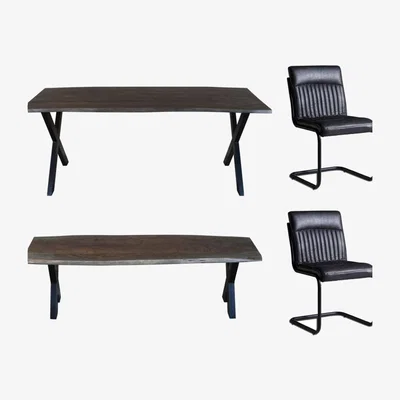 The Range Live Edge Large Acacia Wood Dining Table Set Grey With 2 Chairs And 1 Bench - Light Wood