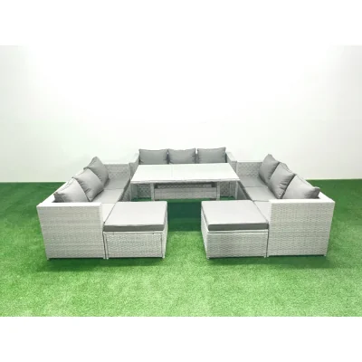 The Range Fimous 11-Seater Rattan Sofa and Dining Table Set with 2 Big Footstools Light Grey Mixed - Light grey mixed rattan with dark grey fabric