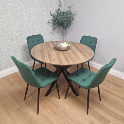 The Range KOSY KOALA 4 Seater Round Dining Table with Wood Effect Tabletop Black Metal X Shaped Legs & 4 Green Velvet Chairs for Kitchen Dining Room Furniture S