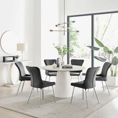 The Range Palma Beige Stone Effect Round Dining Table and 6 Nora Silver Leg Chairs - Dark Grey
