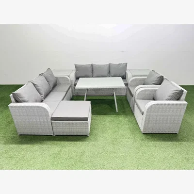 The Range Fimous PE Rattan 9-Seat Patio Sofa & Dining Set with 3-Seater, 2 Recliners, Tempered Glass Table. - Light grey rattan + dark grey fabric