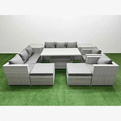 The Range Fimous 9-Piece Rattan Rising Dining Set with Two 3-Seater Sofas and Rising Table (Light Grey). - Light Grey