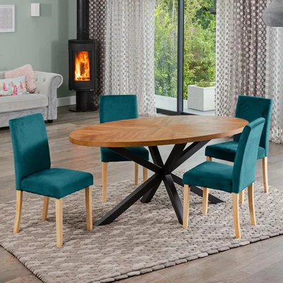 The Range Dossena Oval Dining Table Set with 4 Maiolo Velvet Chairs - Teal