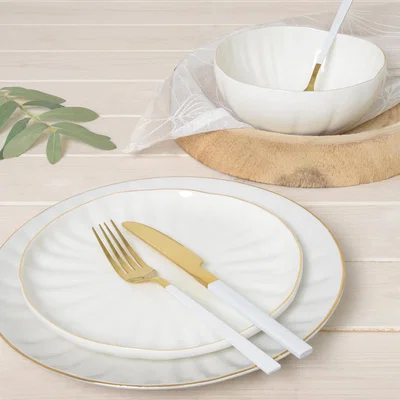 The Range 12-Piece Gold Rim Porcelain Dinner Set - White