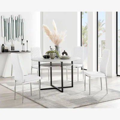 The Range Adley Grey Concrete Effect Storage Dining Table and 4 Milan Chrome Leg Chairs - White
