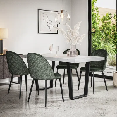 The Range Aria White Marble Top Rectangle Dining Table & 4 Raye Velvet Chairs - Green