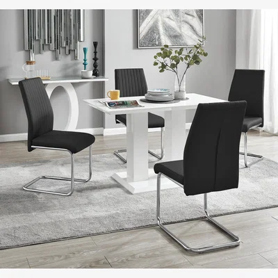 The Range Imperia 4 Modern White High Gloss Dining Table and 4 Lorenzo Chrome Chairs Set - Black