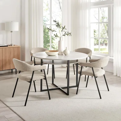 The Range Adley Round Grey Concrete Effect Dining Table 4 Delos Chairs - Beige