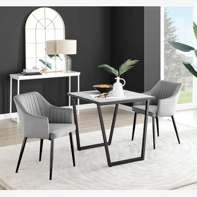 The Range Carson White Marble Effect Square Dining Table and 2 Calla Black Leg Chairs - Grey