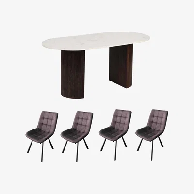 The Range Luxor Mango Wood Dining Table Set 170Cm With Marble Top And 4 Chairs - Dark Wood