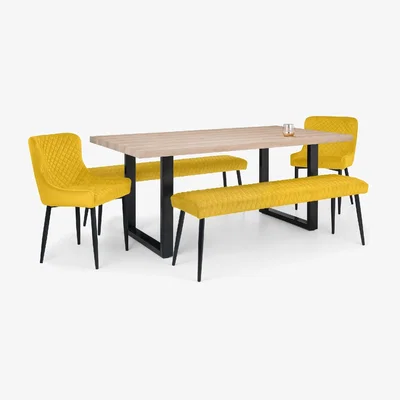 The Range Berwick Rectangluar Table, 2 Luxe Low Benches and 2 Luxe Chairs Set - Yellow