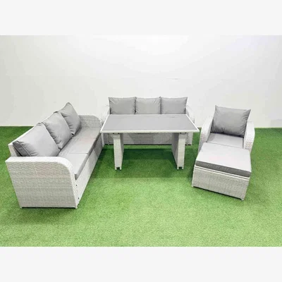The Range Fimous 8-Seater Rattan Patio Dining Set with Reclining Chairs and Tempered Glass Table - Light Grey - Light grey rattan with dark grey fabric