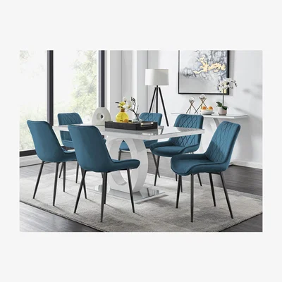 The Range Giovani 6 Grey Dining Table with 6 Pesaro Black Leg Chairs - Blue