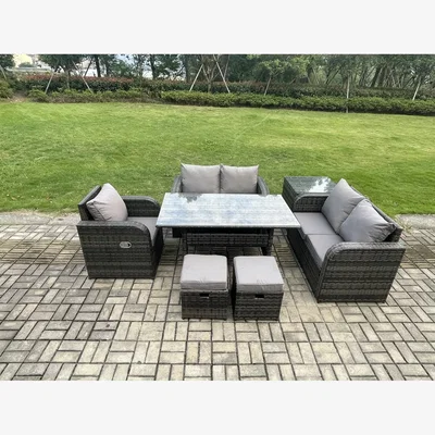 The Range Fimous Rattan Lounge Sofa Dining Set with Side Table & 2 Footstools - Dark Grey
