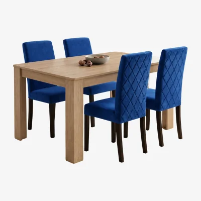 The Range Oak Effect Dining Table and 4 Blue Diamond Stitch Velvet Chairs with Wooden Legs 4 Seater Set - Blue