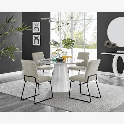 The Range Palma White Marble Effect Dining Table and 4 Halle Black Leg Chairs - Taupe