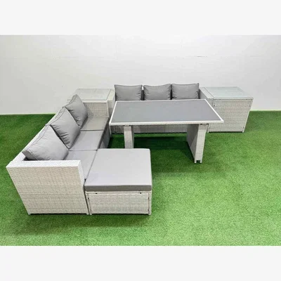 The Range Fimous 7-Seater Rattan Patio Dining Set Light Grey - Light Grey Mixed