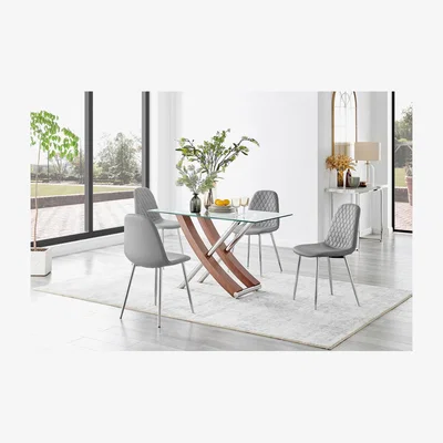 The Range Mayfair Glass and Brown Wood Effect Dining Table and 4 Corona Silver Chairs - Grey