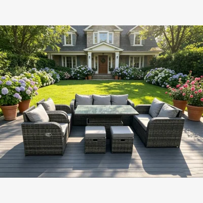 The Range Rattan 9 Seater Adjustable Dining Set Love Sofa Reclining Chairs - Dark Grey Mixed