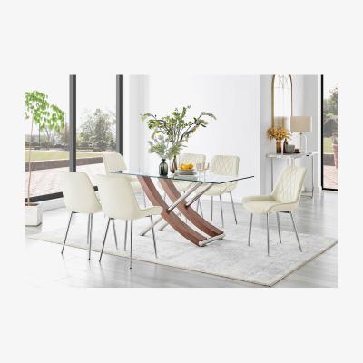The Range Mayfair Glass and Brown Wood Effect Dining Table and 6 Pesaro Silver Chairs - Cream