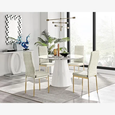 The Range Palma White Marble Effect Round Dining Table and 4 Velvet Milan Gold Leg Chairs - Cream