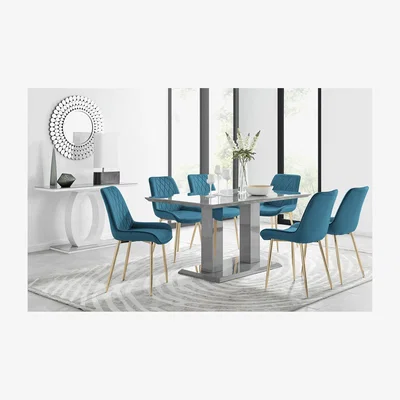 The Range Imperia 6 Grey Dining Table and 6 Pesaro Gold Leg Chairs - Blue