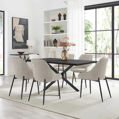 The Range Leonardo Black Top Dining Table  6 Beaumont Fabric Chairs - Cream