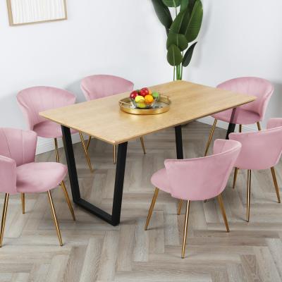 The Range Oak Dining Table Set with 6 Mill Velvet Chairs - Pink Velvet and Gold Legs / MDF Velvet / Gold