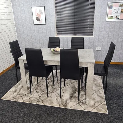 The Range Stone Grey Table with 6 Black Metal Chairs Dining Set - Stone Grey Effect