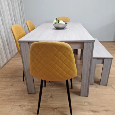 The Range Kitchen Grey Arrow Effect Dining Table with 4 Musturd Chairs and 1 Bench Set - Grey Mustard