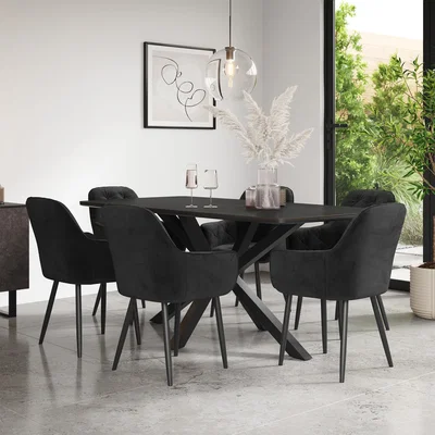 The Range Juno Concrete Ceramic Dining Table With 6 Anika Velvet Black Chairs - Black