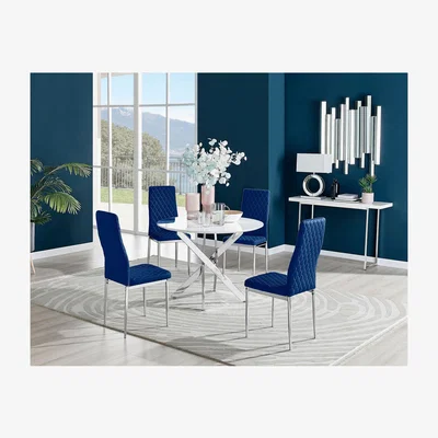 The Range Novara White High Gloss Round Dining Table and 4 Velvet Milan Chairs - Navy