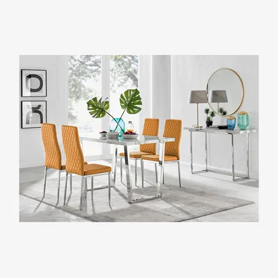 The Range Kylo White Marble Effect Dining Table and 4 Milan Chrome Leg Chairs - Mustard