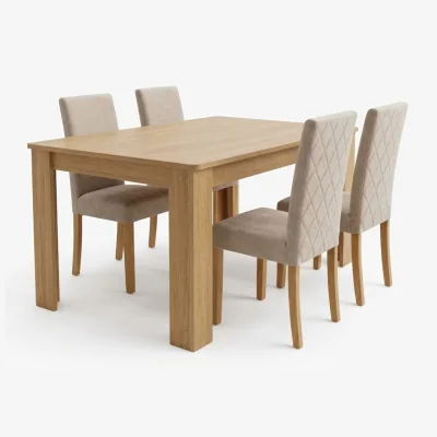 The Range Diamond Stitch 4 Seater Dining Set with Oak Effect Table and 4 Cream Velvet Chairs with Wooden Legs - Cream