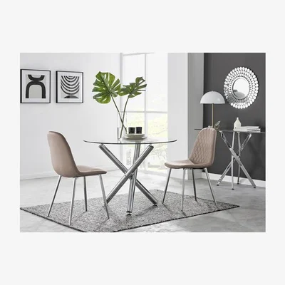 The Range Selina Round Dining Table  2 Corona Silver Leg Chairs - Yellow