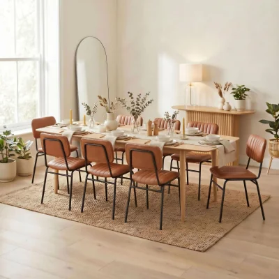 The Range Leif Oak Veneer Wood Extending Dining Table with 8 Delta Chairs - Tan