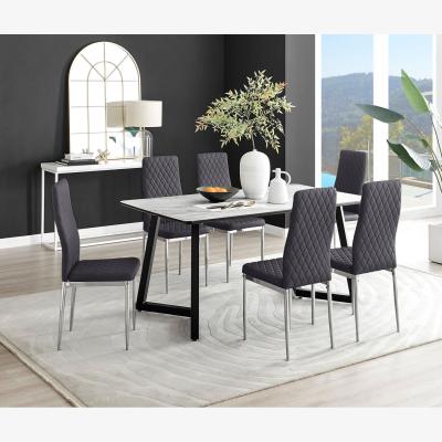 The Range Carson White Marble Effect Dining Table and 6 Velvet Milan Chairs - Grey