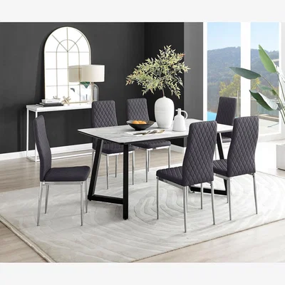 The Range Carson White Marble Effect Dining Table and 6 Velvet Milan Chairs - Grey