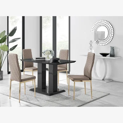 The Range Imperia 4 Black Dining Table and 4 Milan Gold Leg Chairs - Yellow