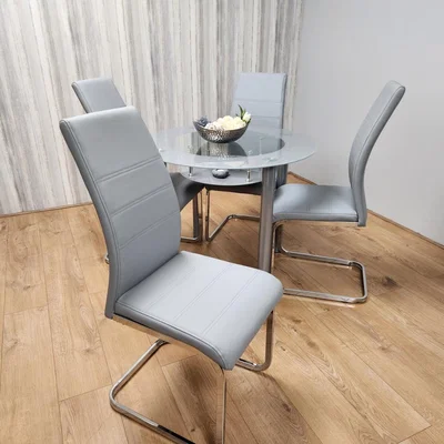 The Range Round Glass Grey Dining Table With Storage Shelf And 4 Grey Padded Chairs - Grey