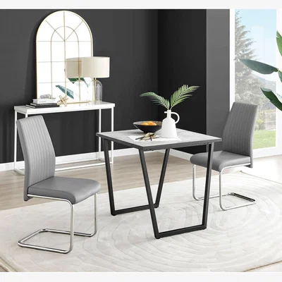 The Range Carson White Marble Effect Square Dining Table and 2 Lorenzo Chairs - Grey