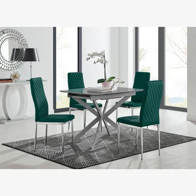 The Range Lira 100cm Grey Metal Extending Dining Table and 4 Velvet Milan Chairs - Green