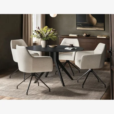 The Range Emil Round Glass Dining Table with Isla Chairs Set - Black + Cream