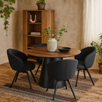 The Range Auckland Round Dining Set Effect Table with 4 Swivel Chairs - Black