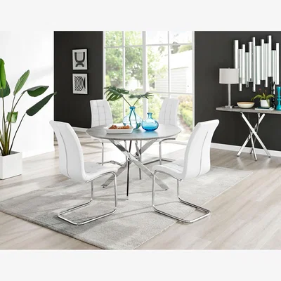 The Range Novara Grey Concrete Effect 120cm Round Dining Table And 4 Murano Chairs - White