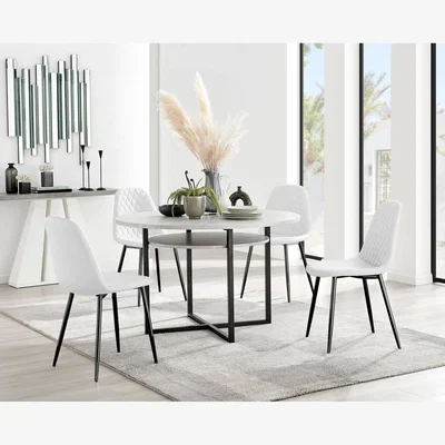 The Range Adley Grey Concrete Effect Storage Dining Table and 4 Corona Black Leg Chairs - White