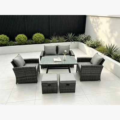 The Range Fimous 6-Seater Rattan High-Back Sofa Dining Set with Table - Dark Grey Mixed