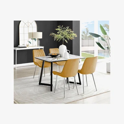 The Range Carson White Marble Effect Dining Table and 4 Pesaro Silver Chairs - Mustard